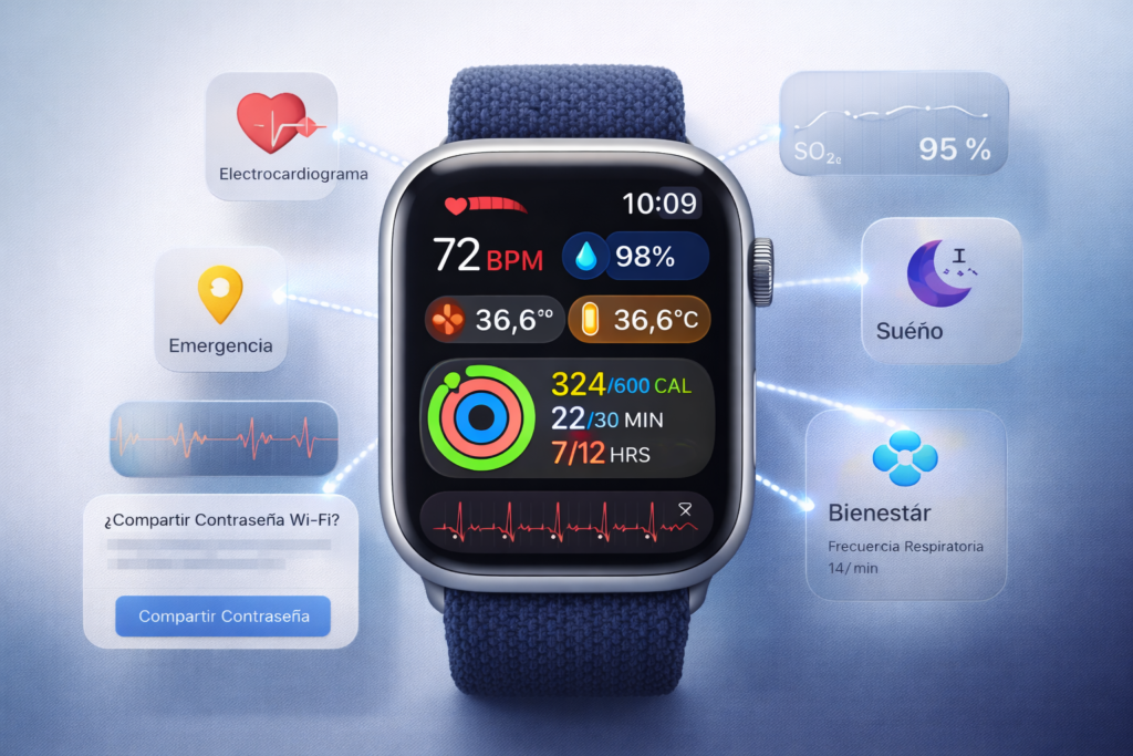 Apple Watch mostrando métricas de salud y actividad