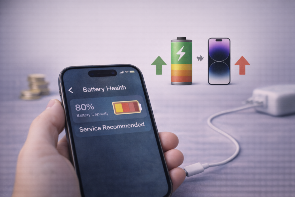 iPhone conectado a cargador mostrando batería degradada y decisión de cambio