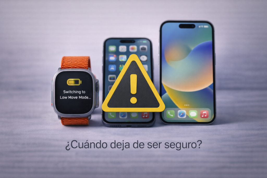 iPhone antiguo mostrando signos de desgaste y advertencia de seguridad