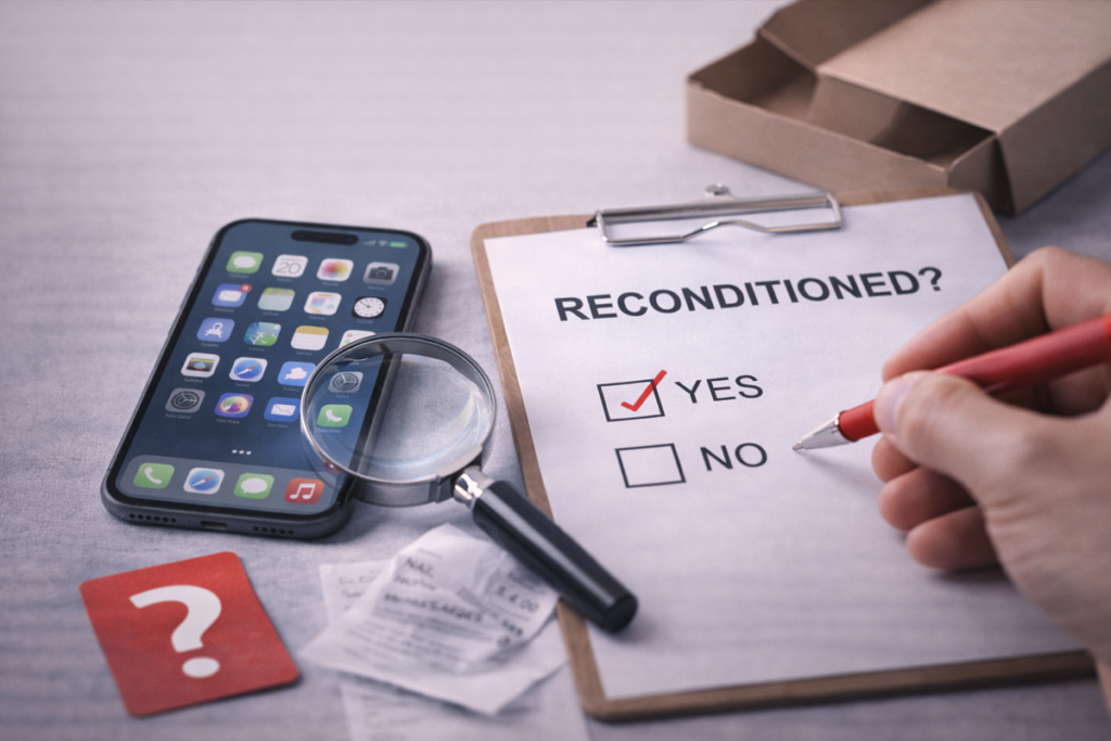 iPhone reacondicionado sobre mesa neutra mostrando inspección y decisión de compra