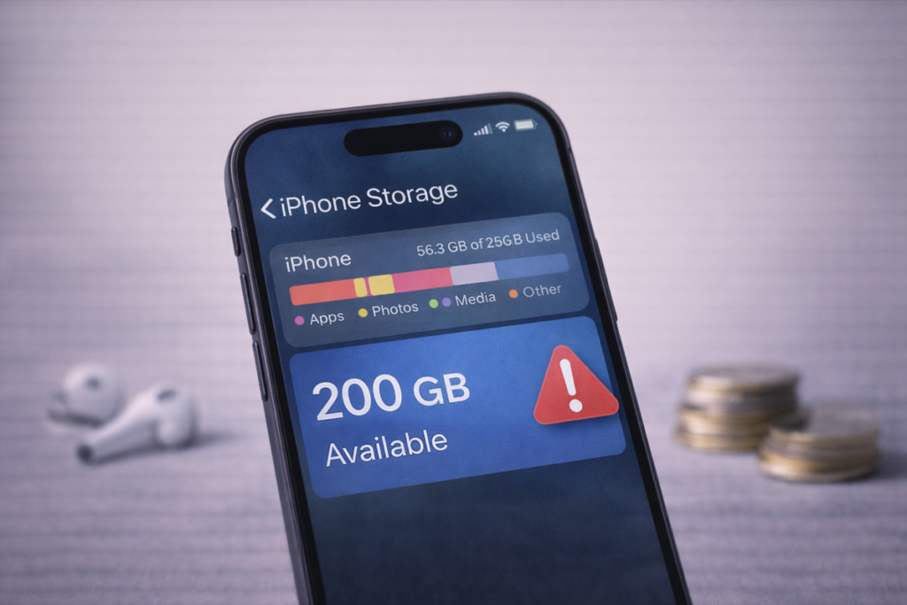 iPhone mostrando almacenamiento con mucho espacio libre sin utilizar