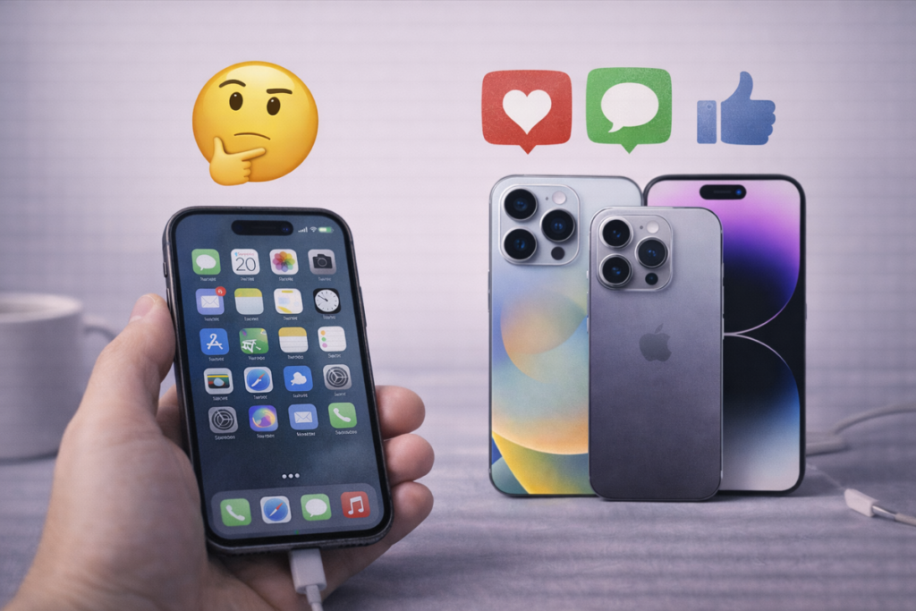 iPhone antiguo frente a modelos nuevos representando presión social y comparación