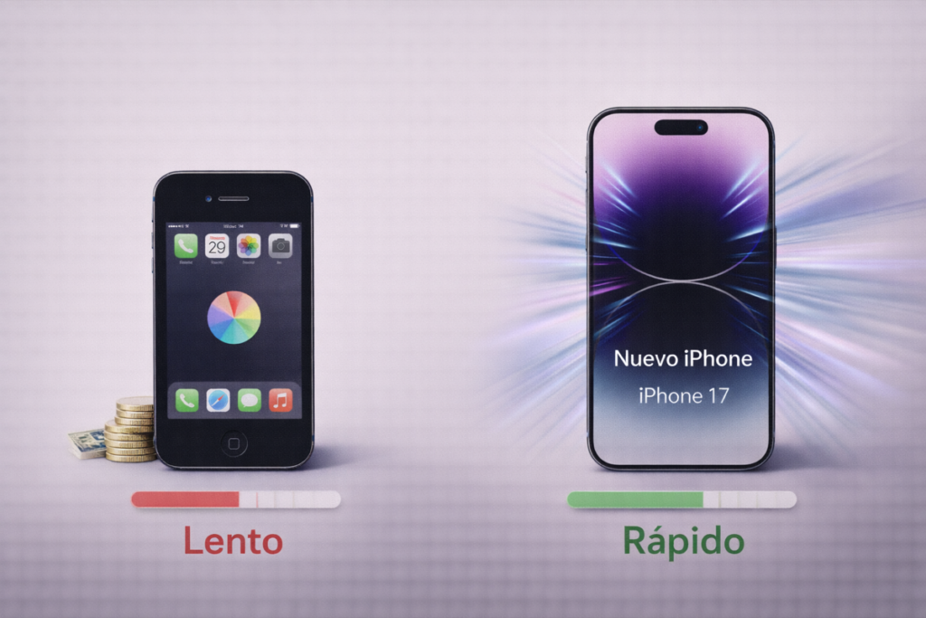 Comparación entre iPhone lento y nuevo iPhone más rápido mostrando mejora de rendimiento