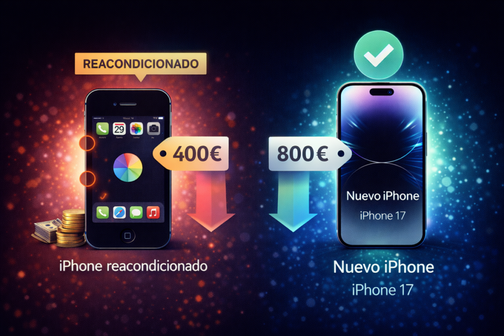 iPhone reacondicionado comparado con un nuevo iPhone mostrando diferencia de precio y estado